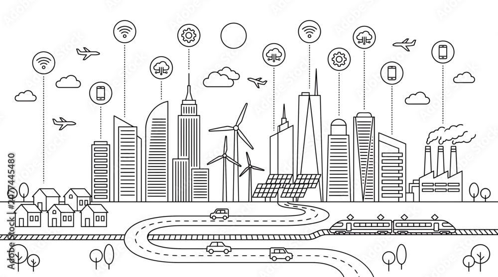 Obraz premium Modern smart city skyline line art illustration with skyscrapers wind turbines solar panels and connectivity icons, representing urban planning development, provides smart technology infrastructure