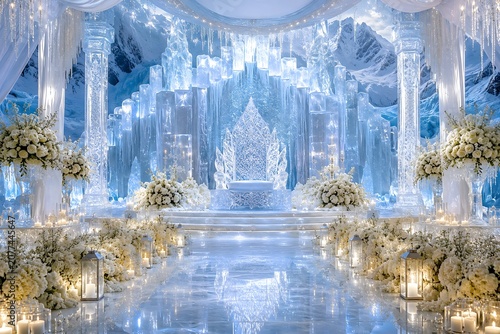 Elegant Wedding Arch Decorated with Blue and White Florals in Icy Winter Setting