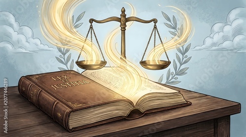 Profound wisdom and ethical guidance emanating from ancient texts, illuminating the scales of justice to symbolize truth, fairness, and legal integrity
