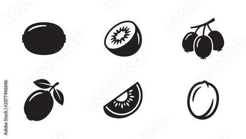 Set of black and white kiwi fruit icons in different styles.