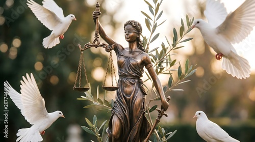 Bronze Statue of Lady Justice Holding Scales Surrounded by Soaring White Doves Symbolizing Peace and Law