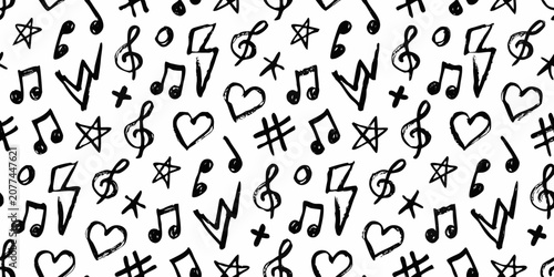Fotografie Musical notes and symbols seamless black and white pattern