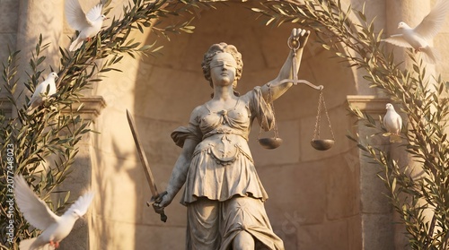 Statue of Lady Justice featuring scales and sword framed by an olive arch with white doves in sunlight