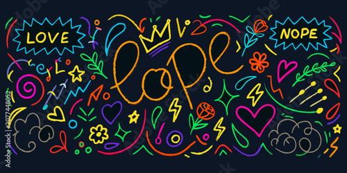 Slika na platnu Neon doodle art with lettering and floral geometric shapes