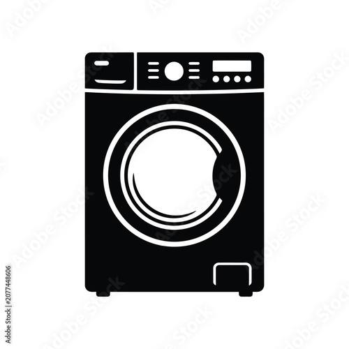 Front load washing machine icon in black and white with clean lines and simple design for digital use