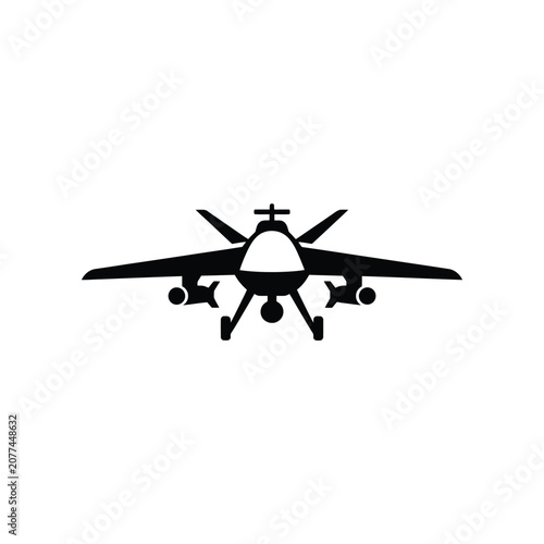 Unmanned aerial vehicle with missiles in silhouette against white background for technology concepts