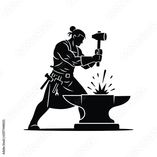 Blacksmith forging metal with hammer on anvil during sparks in a workshop silhouette style