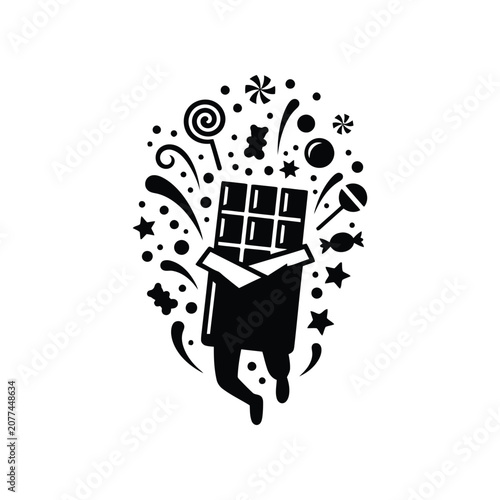 Joyful chocolate bar leaping with candies and confetti against a white background celebrating happiness and indulgence clean vector art