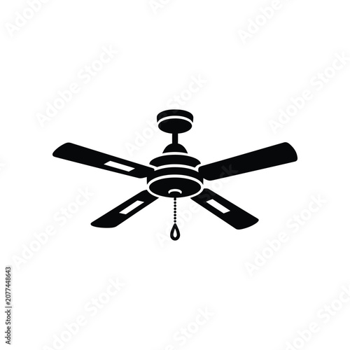 Ceiling fan with five blades in silhouette against a white background for interior design concepts