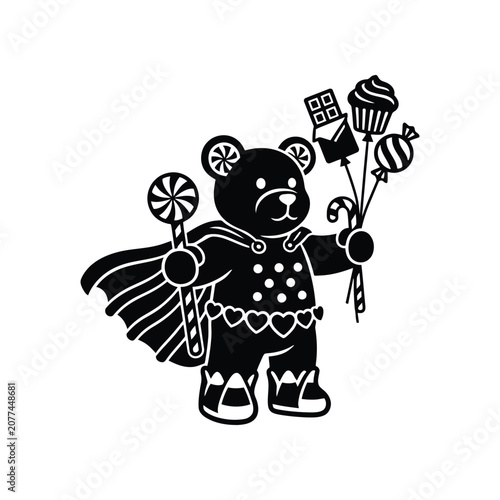 Joyful teddy bear superhero with candy assortment in bright studio lighting concept for children's products