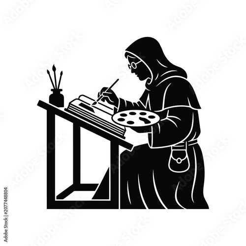 Monk artist painting in scriptorium with illuminated manuscript and art supplies creating medieval illustration