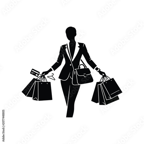 Woman in suit with shopping bags and credit card during retail therapy in studio