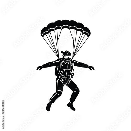 Skydiver descending with parachute deployed against clear sky concept for extreme sports and adventure