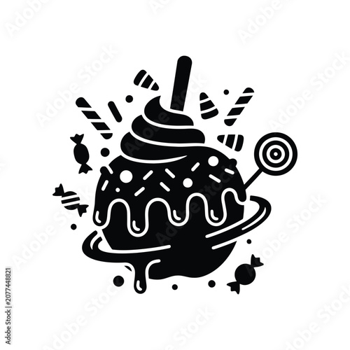 Sweet spherical candy with frosting swirl and scattered candies during a festive celebration vector art