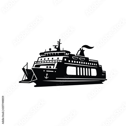 Ferry boat sailing on water during sunset with clouds and anchor emblem conceptual graphic design