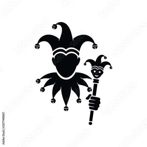 Jester silhouette with bells on cap and scepter in hand during festive celebration concept