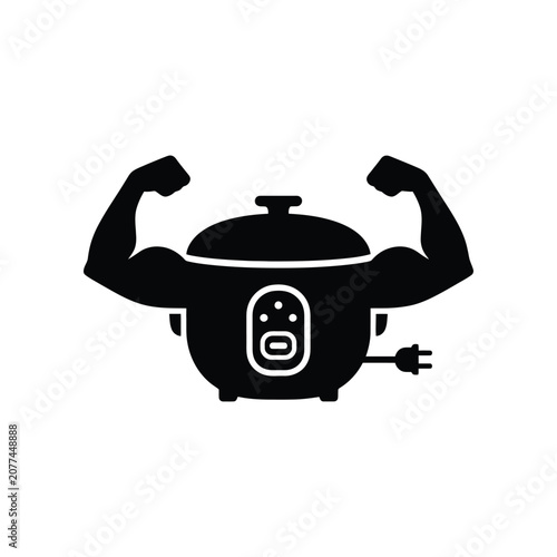 Electric slow cooker with muscular arms flexing on a white background concept for strength and power