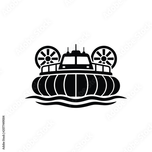Hovercraft gliding on water waves with dual propellers and antenna a silhouette design representing amphibious transport and modern utility