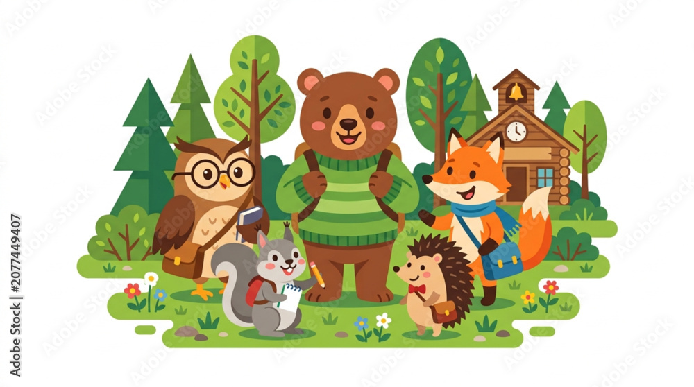 Naklejka premium Kawaii Forest School Animals with Backpacks Cute Educational Flat Illustration