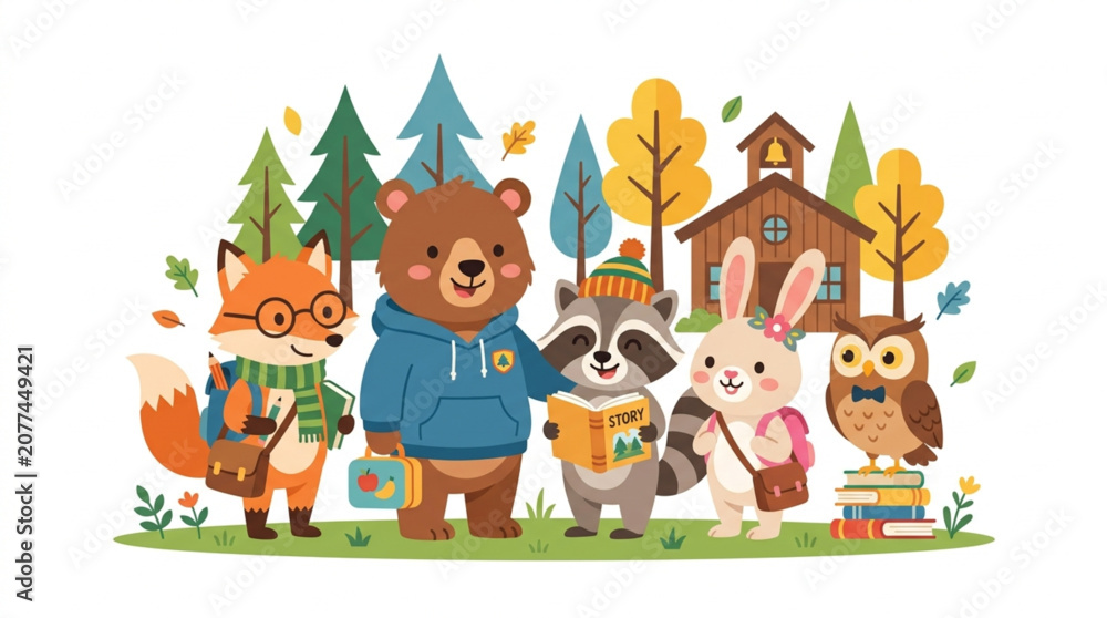 Fototapeta premium Adorable Woodland Animal Students Back to School Cartoon Vector Illustration