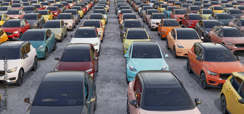 Large outdoor parking lot filled with modern electric cars automobile industry