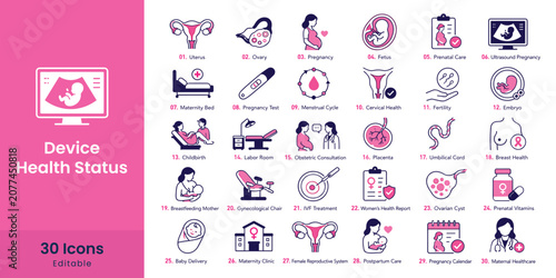 Cuadro en lienzo Pregnancy and Maternity Icons Set with Medical Symbols and Woman Health Elements