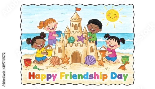 Kids build sandcastle on beach for Happy Friendship Day.