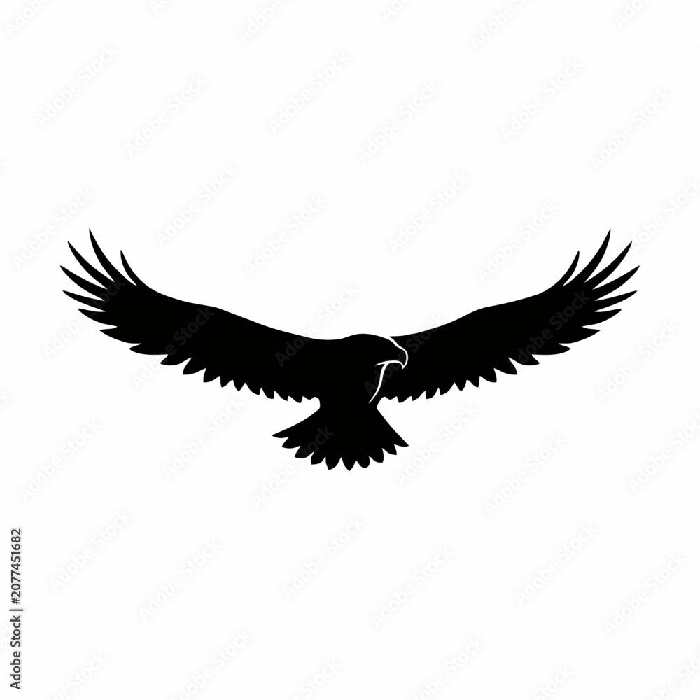 Fototapeta premium Black eagle, flying bird, silhouette icon, vector graphic isolated on White Background