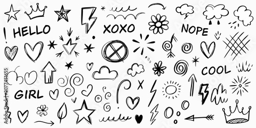 Schilderij op canvas Black Hand Drawn Doodle Elements And Typography Sketch Style