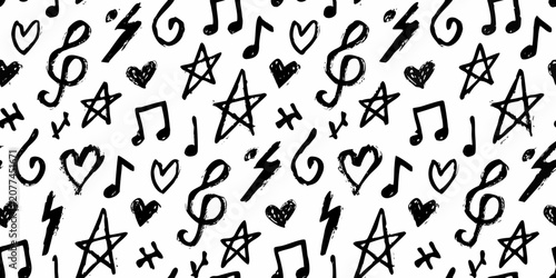 Tableau sur toile Musical notes hearts and stars seamless vector pattern on white background