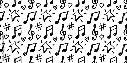 Fotografie Musical notes and symbols seamless vector pattern on white background