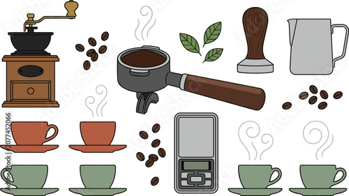 Canvas Print Barista coffee brewing vector illustration set featuring vintage manual grinder