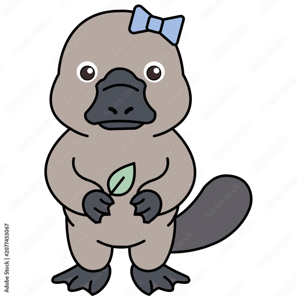 Fototapeta premium Cute cartoon platypus holding leaf