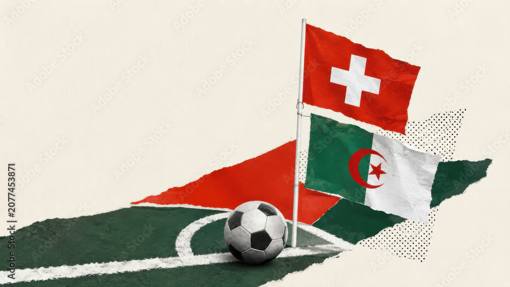 Obraz premium Switzerland and Algeria football match graphic with national flag colours, collage style illustration