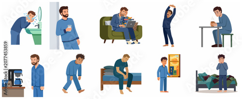 Tableau sur toile Set of male characters experiencing morning fatigue, sleep deprivation, and dail