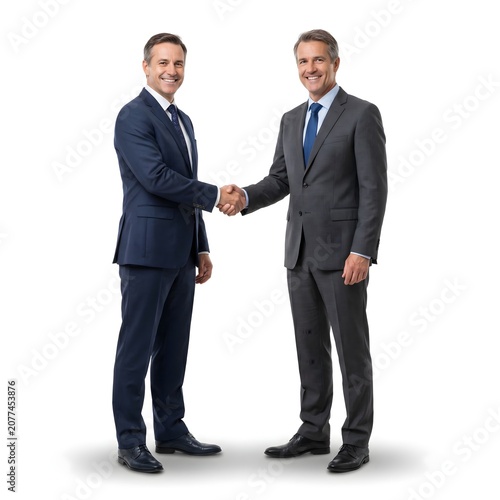 Two Professional Businessmen in Suits Shaking Hands on White Background Symbolizing Partnership and Agreement