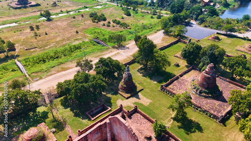 Bild auf Leinwand Aerial View of Ancient Red Brick Temple Ruins in Ayutthaya