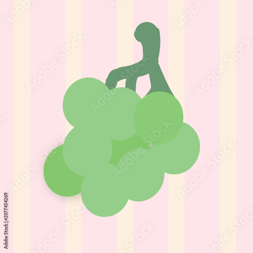 Minimalist vector flat illustration of fresh green grape bunch with stem. Isolated organic vineyard fruit icon on pastel striped background for harvest branding or packaging.