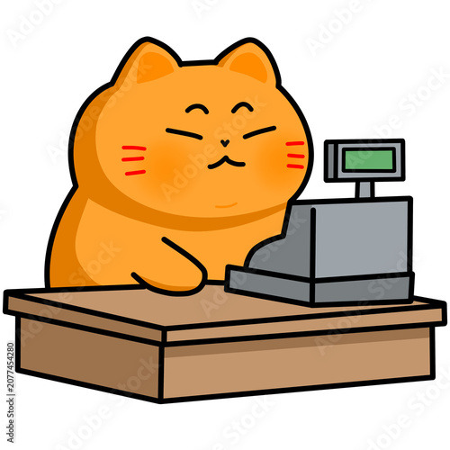 A cute chubby orange cat cashier working at a checkout counter with cash register cartoon illustration