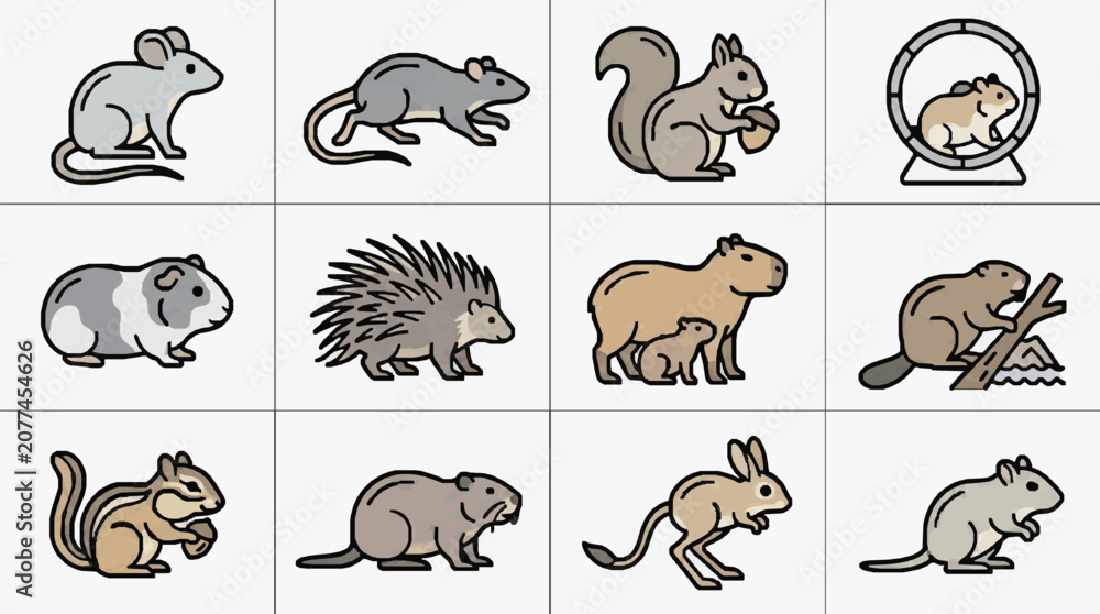 Fototapeta premium Corporate Set of Diverse Rodent and Small Mammal Icons in Neutral Tones for Presentations Websites and Educational Materials