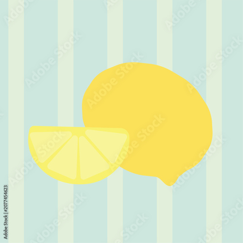 Minimalist vector flat illustration of fresh whole lemon and sliced sour citrus piece. Isolated organic fruit icon on pastel striped background for food packaging or logo.