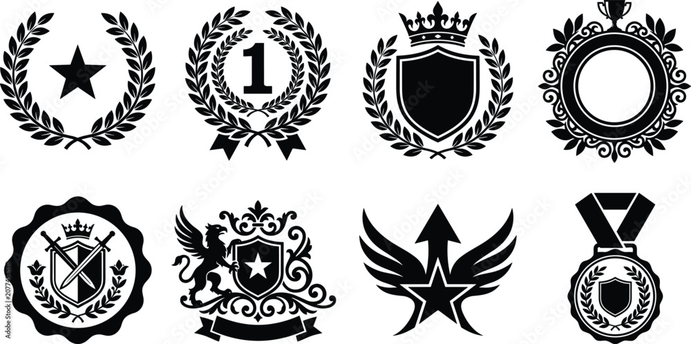 Fototapeta premium Award Badge and Heraldic Crest Silhouette Collection with Laurel Wreath and Shield Emblems