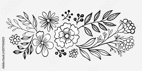Photography Floral ornament with leaves and blossoms black and white vector illustration