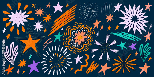 Fotografie Colorful Stars And Fireworks Pattern Illustrated With Textured Brushstrokes