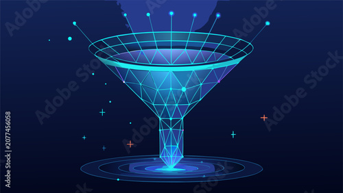 Data funnel illustration showing a data filter at the narrow end, representing data processing and refinement.eps