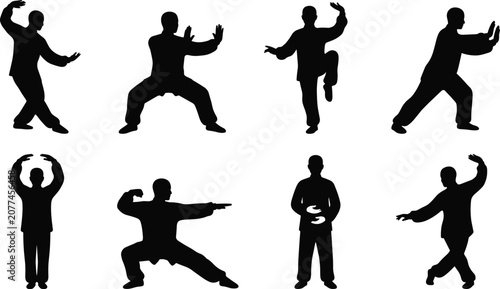 Tai Chi Martial Arts Man Silhouette Set in Various Kung Fu Poses Vector