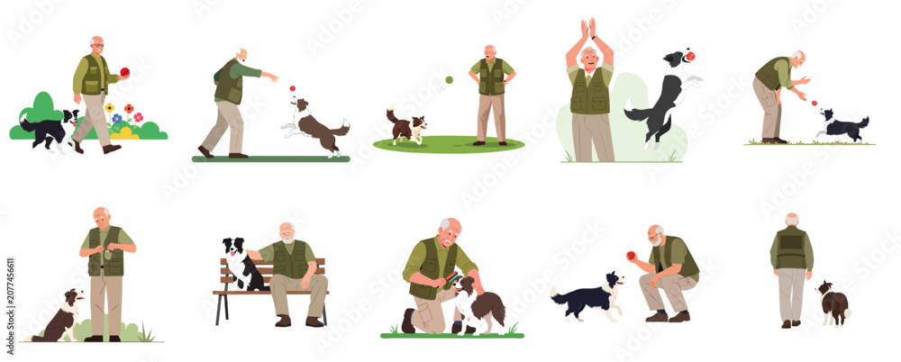 Fototapeta premium Senior man with his border collie dog set of illustrations, elderly owner playing, walking, and grooming his pet, active retirement lifestyle concept.