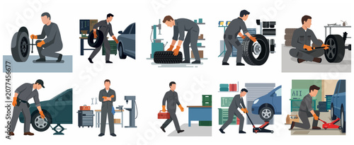 Set of flat vector illustrations of car mechanics performing tire replacement, wheel repair, and automotive maintenance services in a garage workshop.