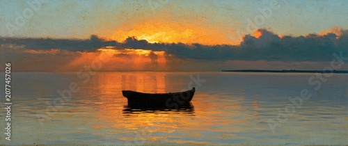 A solitary rowboat floats on calm waters reflecting a vibrant sunset