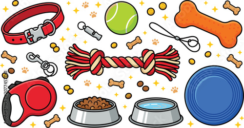 Schilderij op canvas Dog accessories and pet care vector illustration set featuring collar retractabl